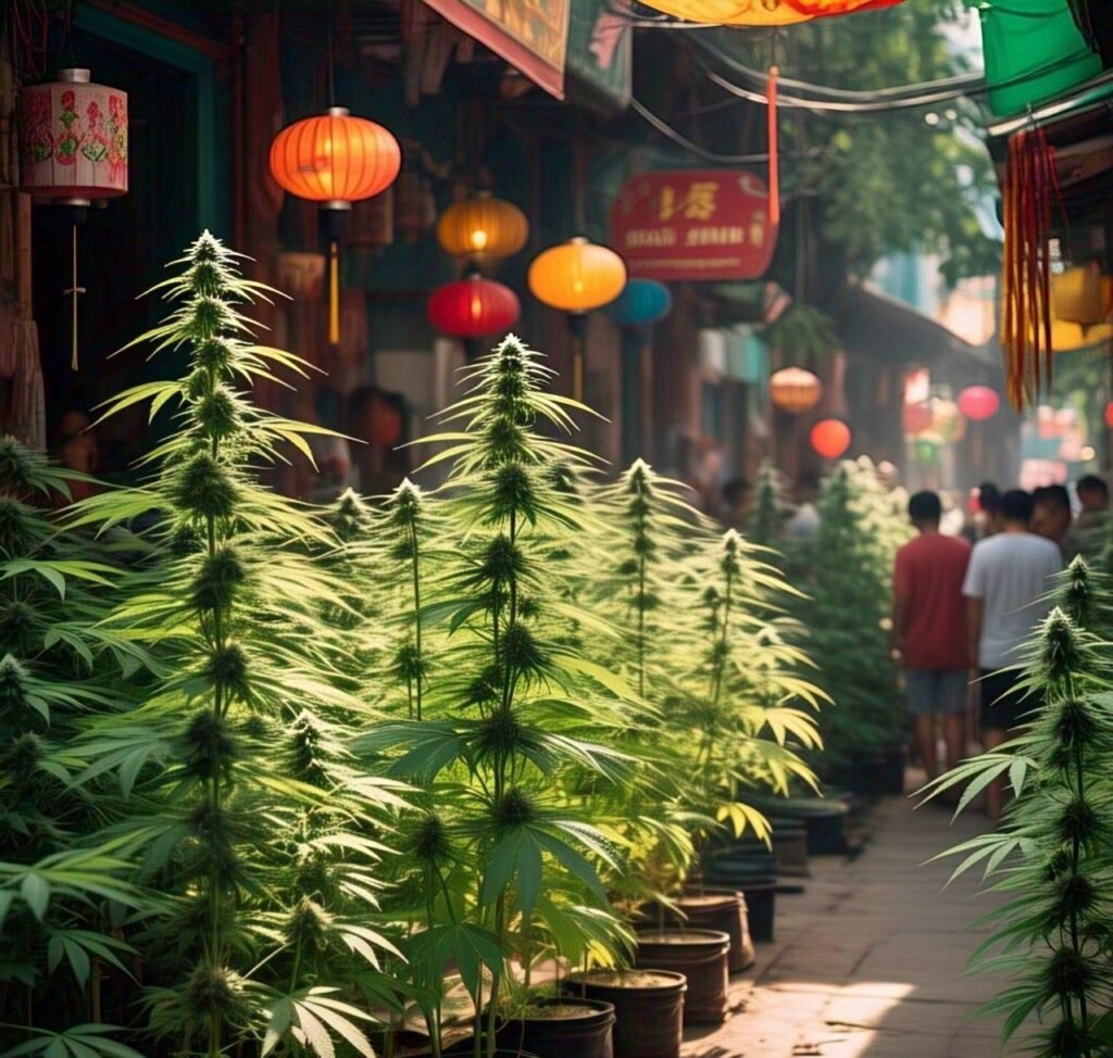 Lush weed plants in a lively Thua Thien Hue street
