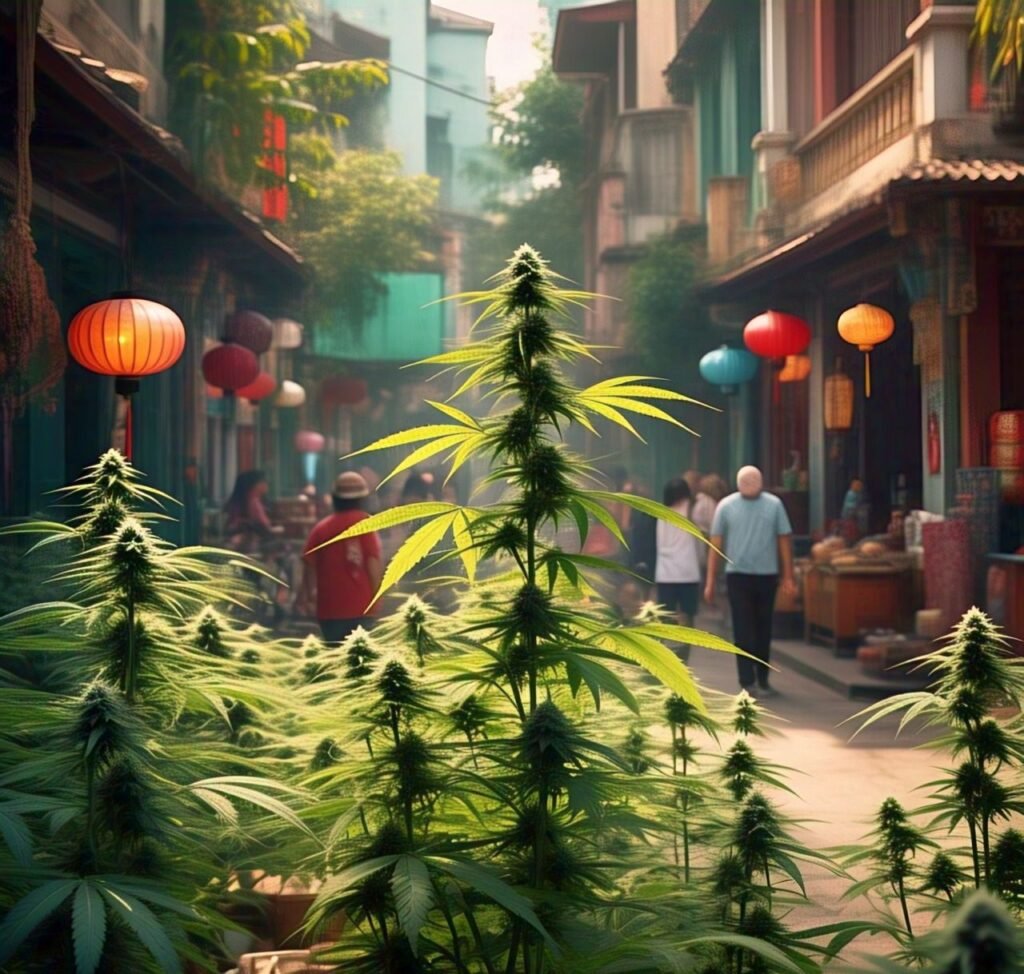 Street scene with cannabis plants and Vietnamese architecture.