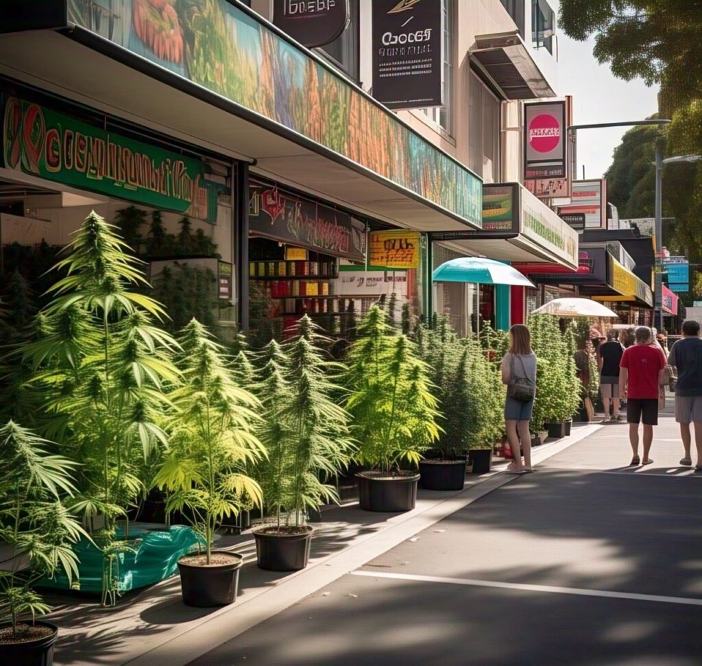 Brisbane street with cannabis plants and vibrant storefronts