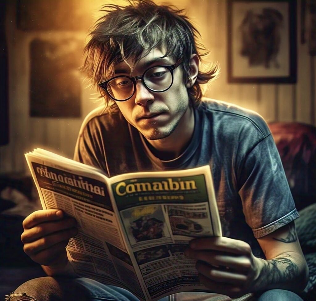 Close-up of a stoner reading a weed newspaper with soft lighting in Sydney.