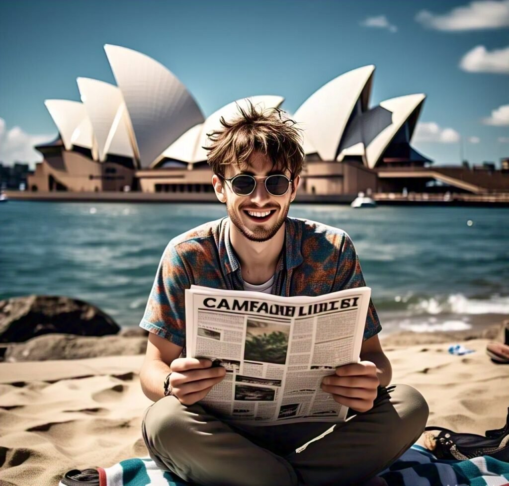 Lush stoner reading a cannabis newspaper with Sydney Opera House backdrop.
