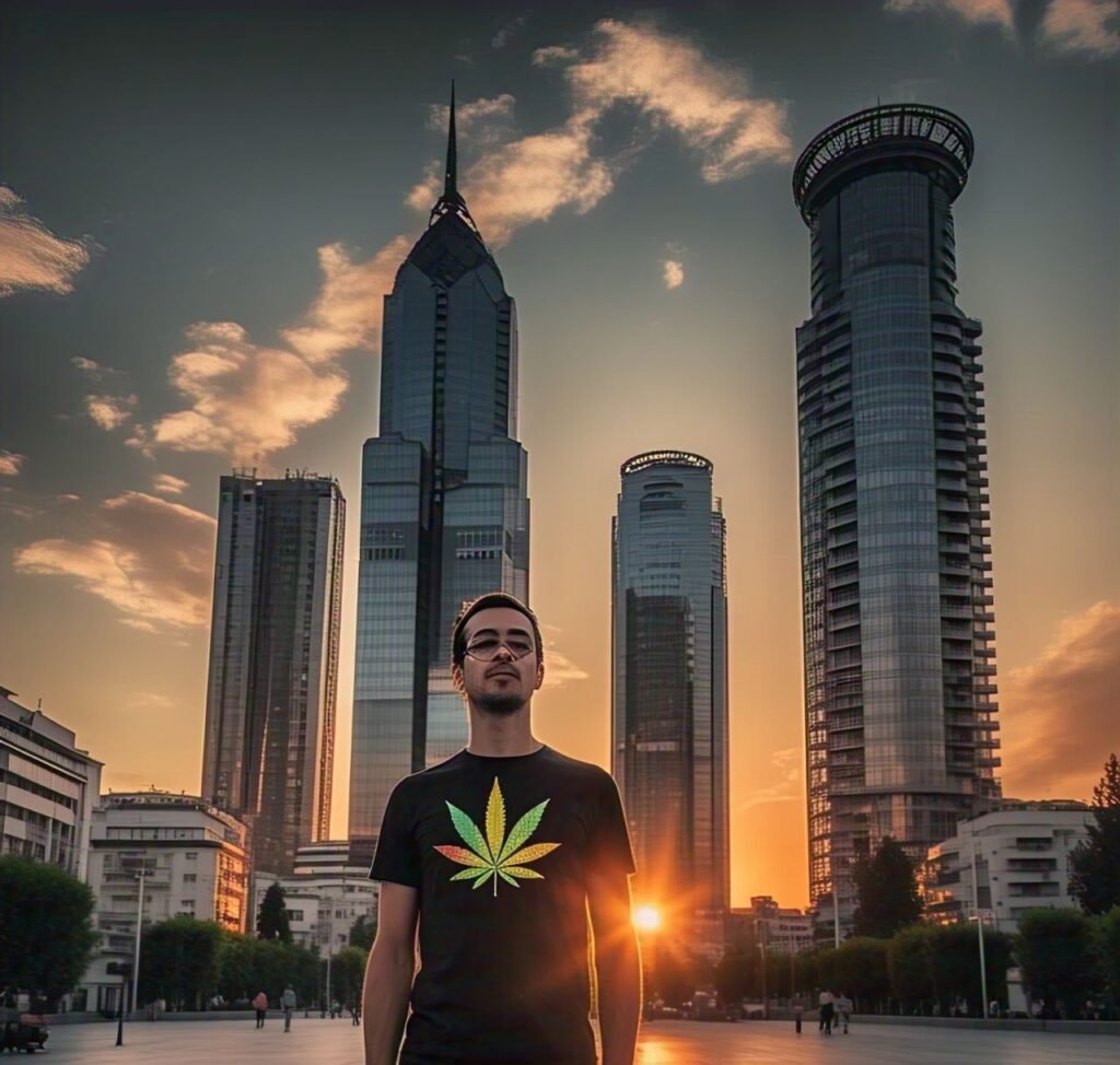 stoner with a cannabis t shirt with Skopje skyline in the background