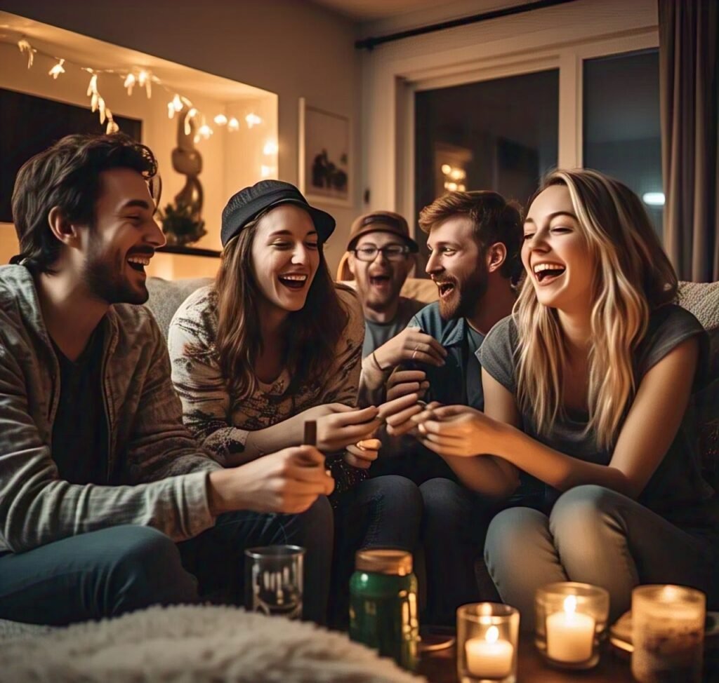 Group of friends enjoying cannabis in a cozy setting. Prague weed telegram communities