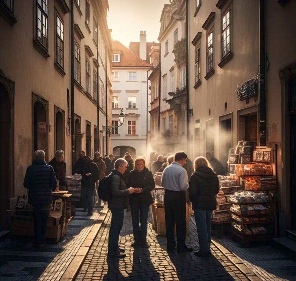Prague street scene with people exchanging goods discreetly.