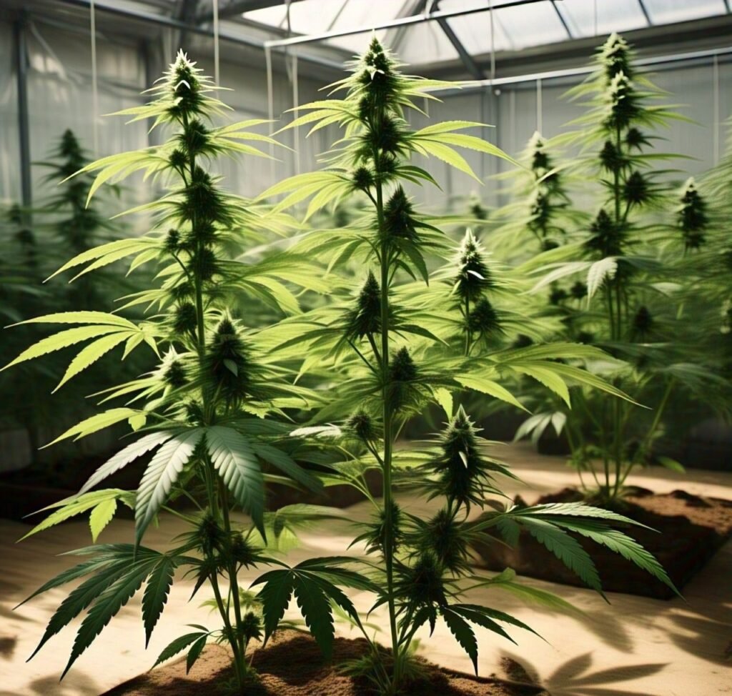 Lush green cannabis plants in a sunny setting in Amstetten.