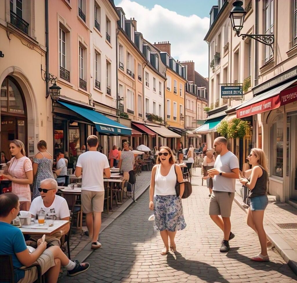 Street scene in Limoges with people enjoying weed outdoors.