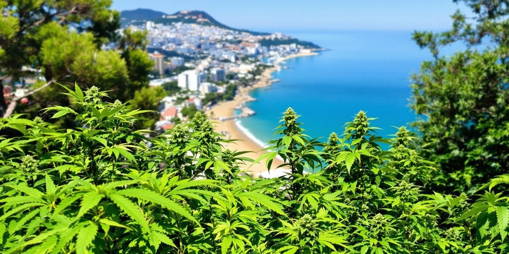 Cannabis or weed plants with Nice, France beach in background.