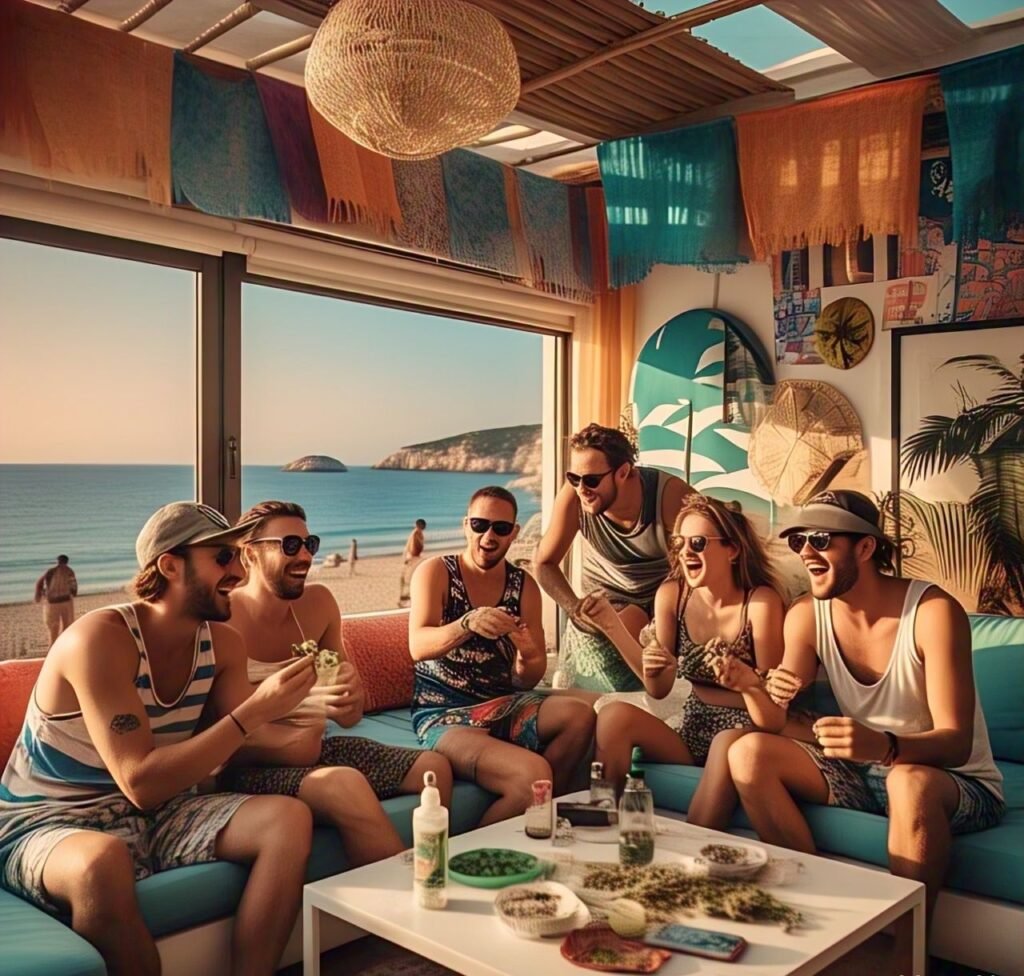 Group of friends enjoying weed or cannabis in a cozy setting in Magaluf Spain