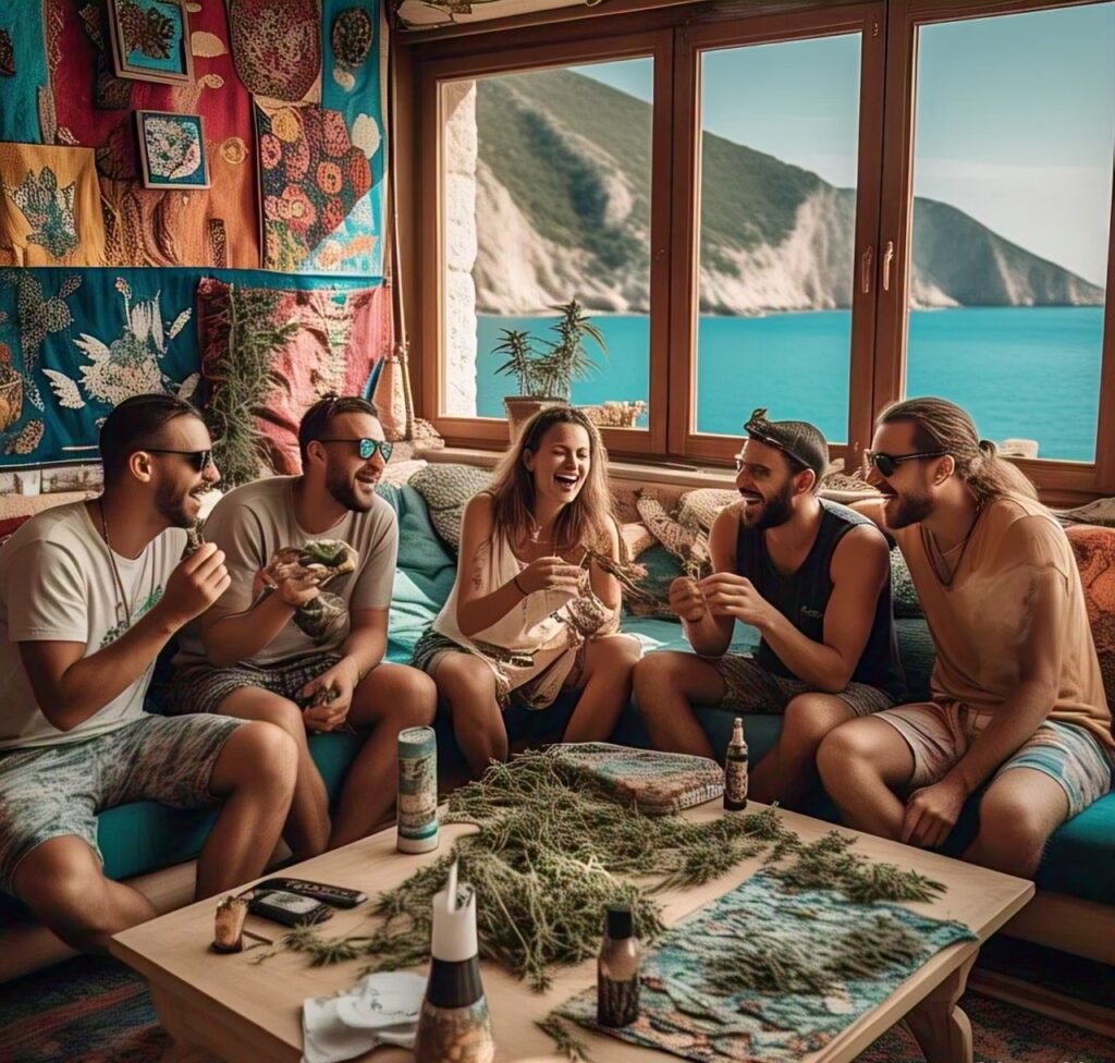Group of friends enjoying cannabis in a cozy setting in Lefkada, Greece
