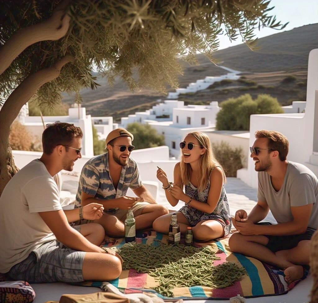 Friends enjoying weed outdoors in Paros, Greece