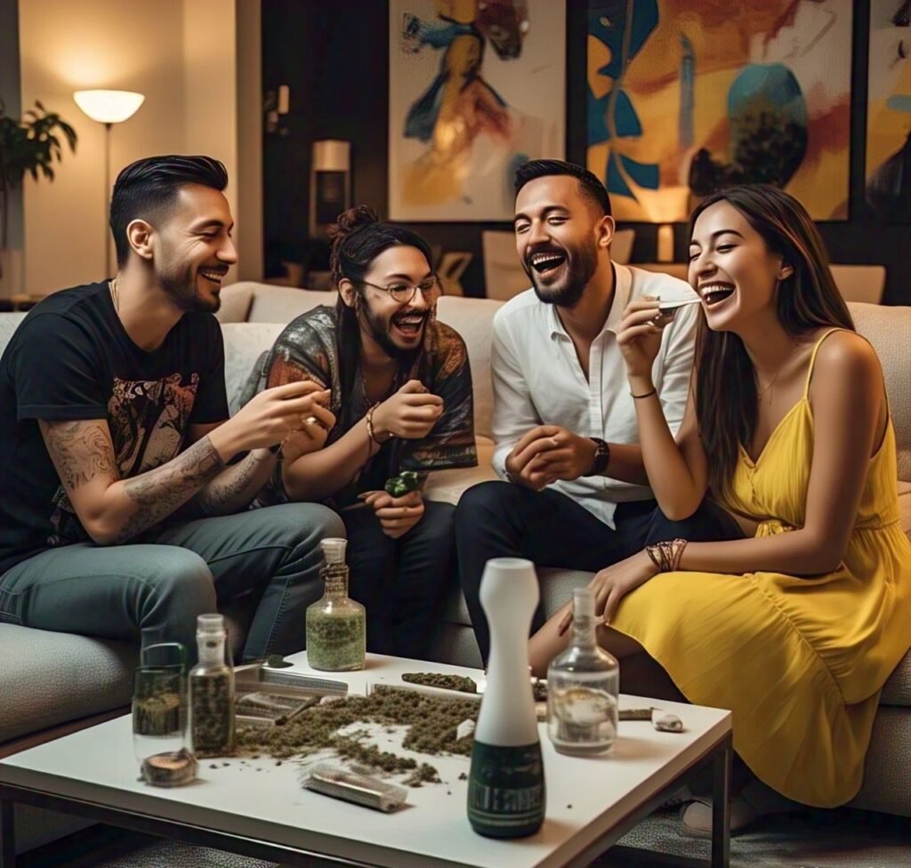 Group of friends enjoying cannabis in a cozy setting in Karlovac, Croatia