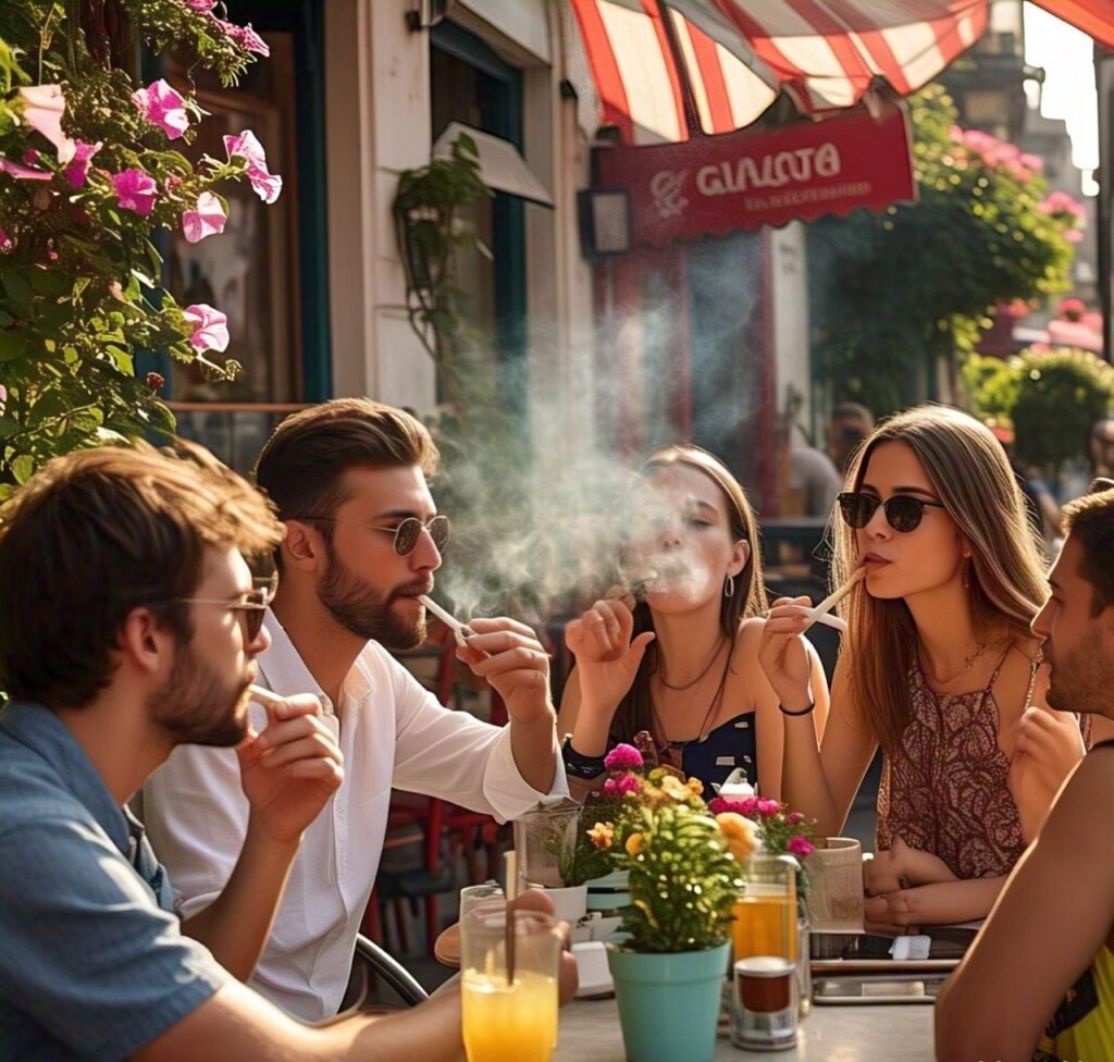 People enjoying in Galați outdoor cafés dabbing weed blunts.