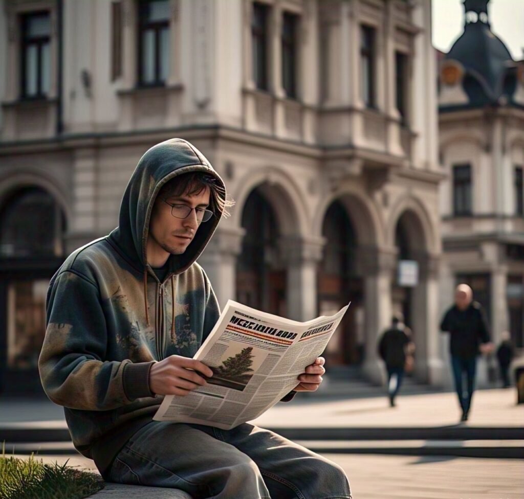 Stoner reading a medical weed newspaper on the streets of Iași, Romania