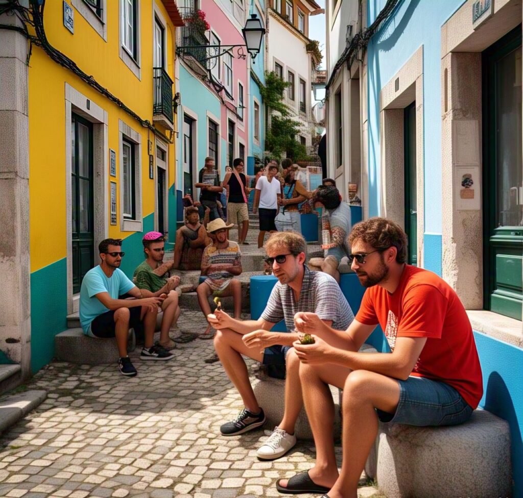 Street scene in Setubal with people enjoying weed outdoors.