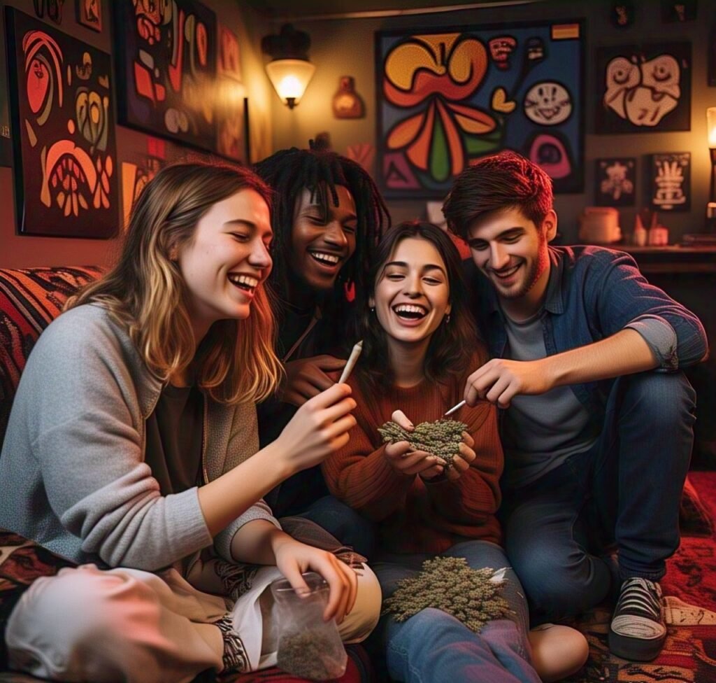 Group of friends enjoying cannabis in a cozy setting in Waterford, Ireland.