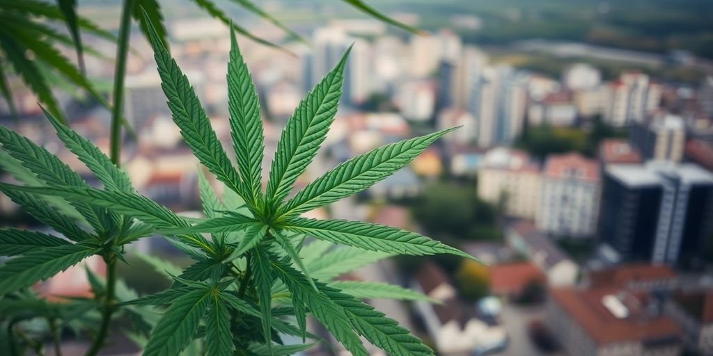 Green weed plants growing in a natural setting with Daugavpils skyline in the background