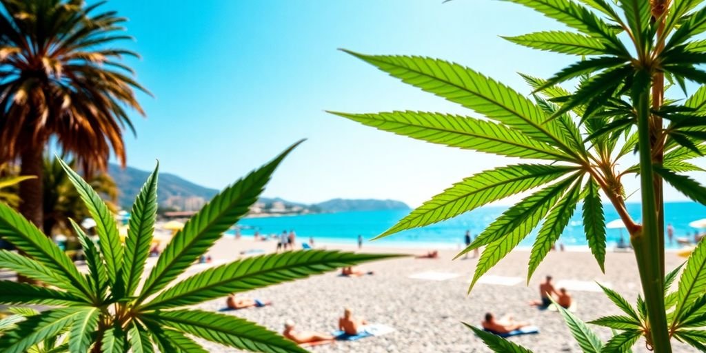 Mykonos beach with cannabis leaves in the foreground.