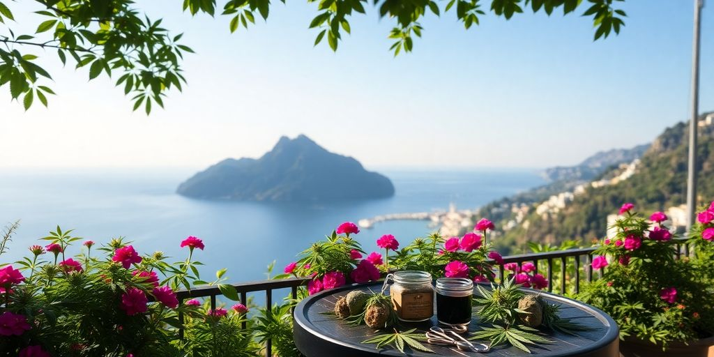 Coastal view of Amalfi with cannabis leaves on a table.