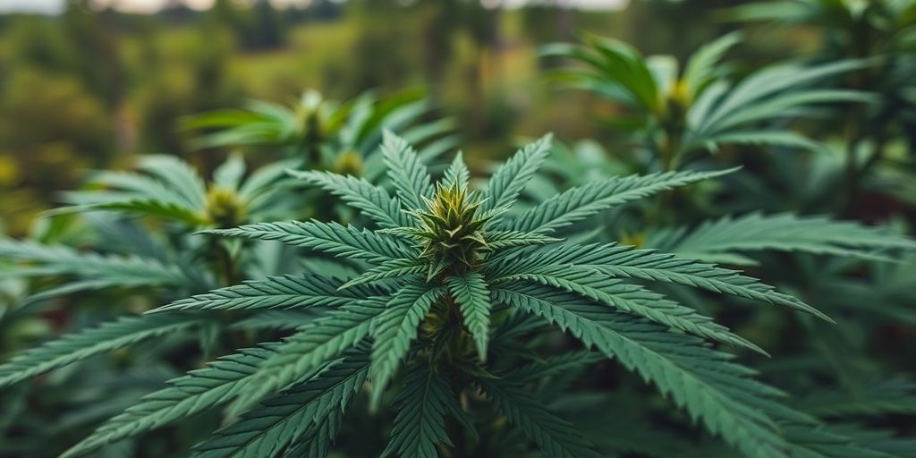 Close-up of cannabis leaves in natural surroundings.