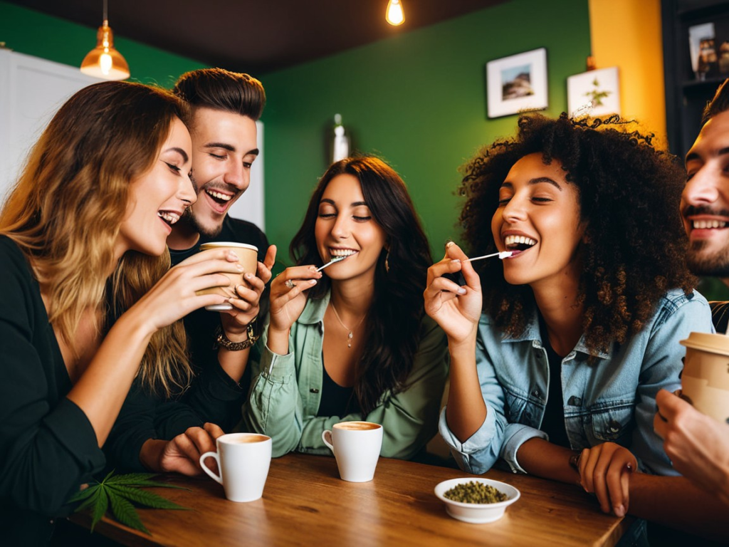 Group of friends enjoying cannabis in a coffee weed shop in Rovinj, Croatia