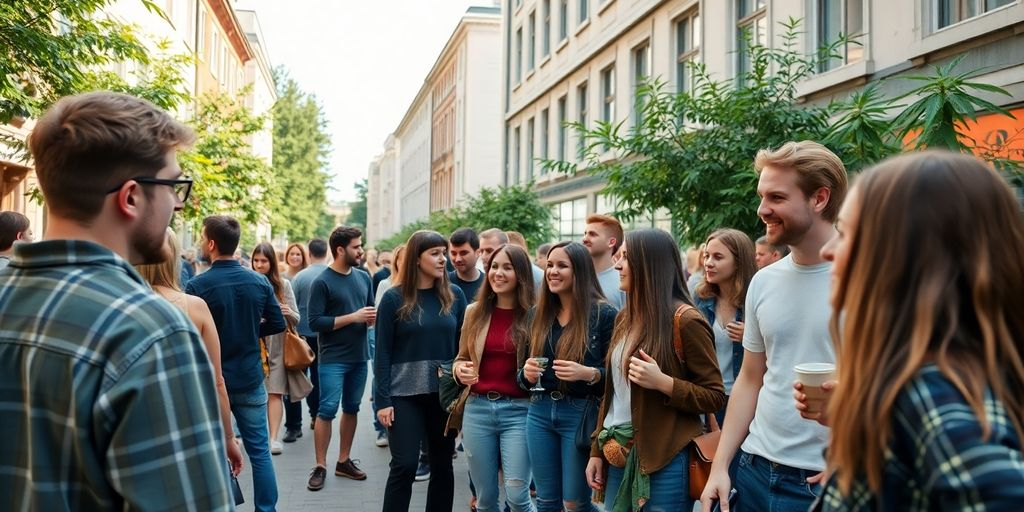 Group of young people socialising in a green Helsinki setting.