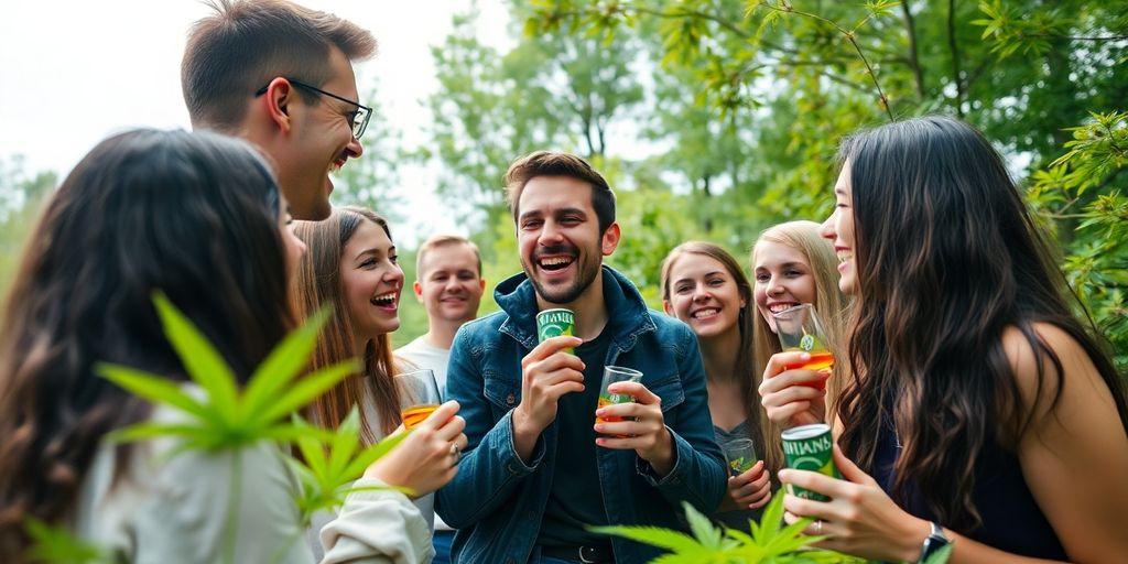 Telegram Friends enjoying cannabis in a green Helsinki setting.