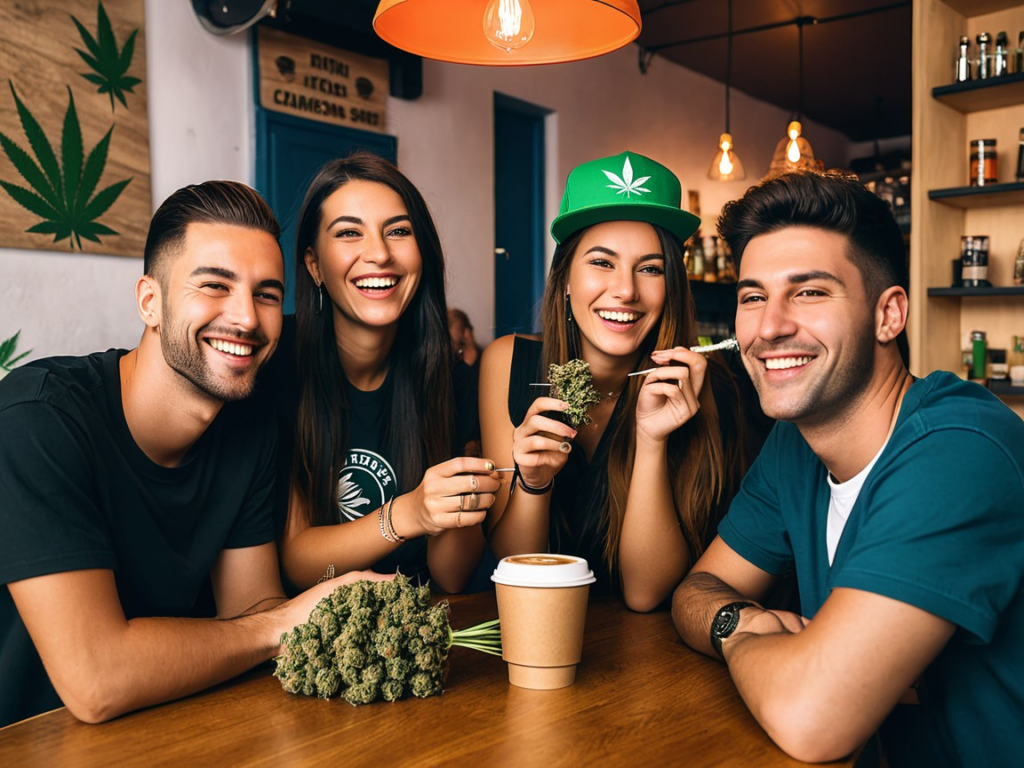 Group of friends enjoying cannabis in a coffee weed shop in Umag, Croatia
