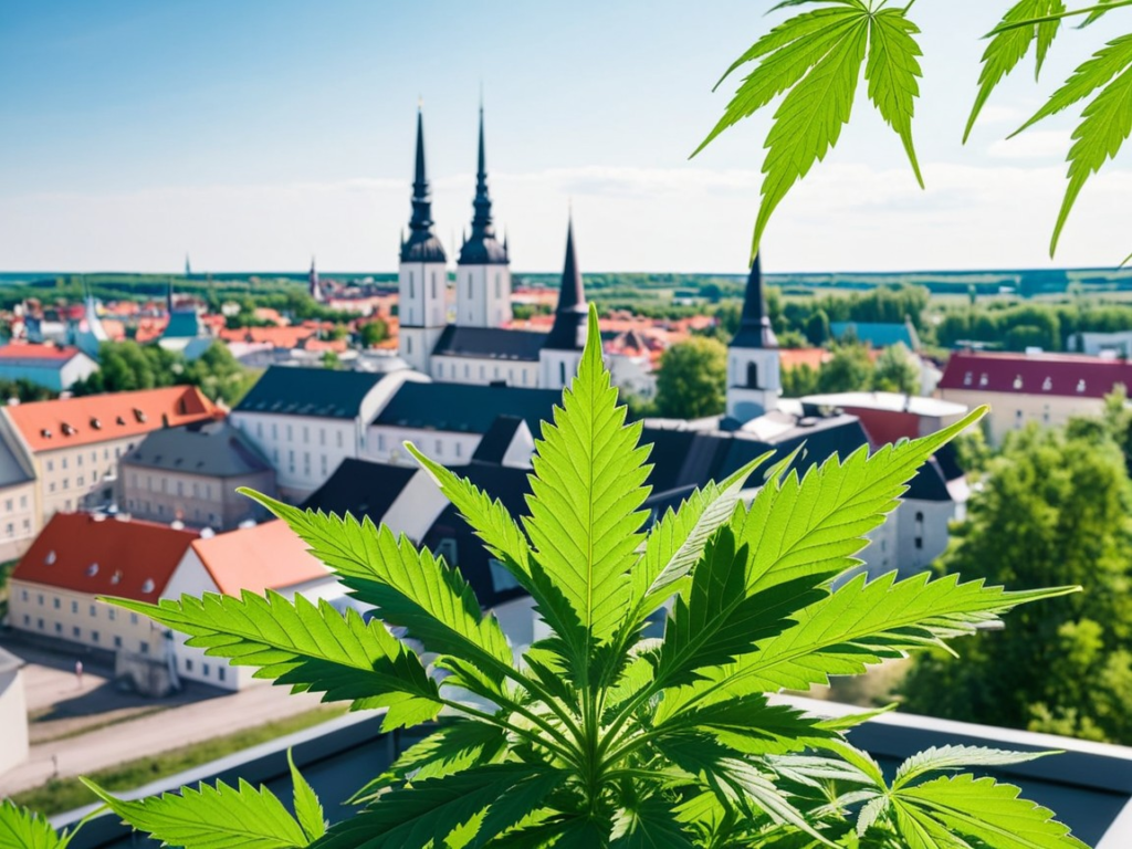 Cannabis or weed leaves with Rakvere's architecture in the background.
