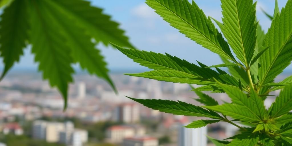 Cannabis or weed leaves with Ruse city in the background.