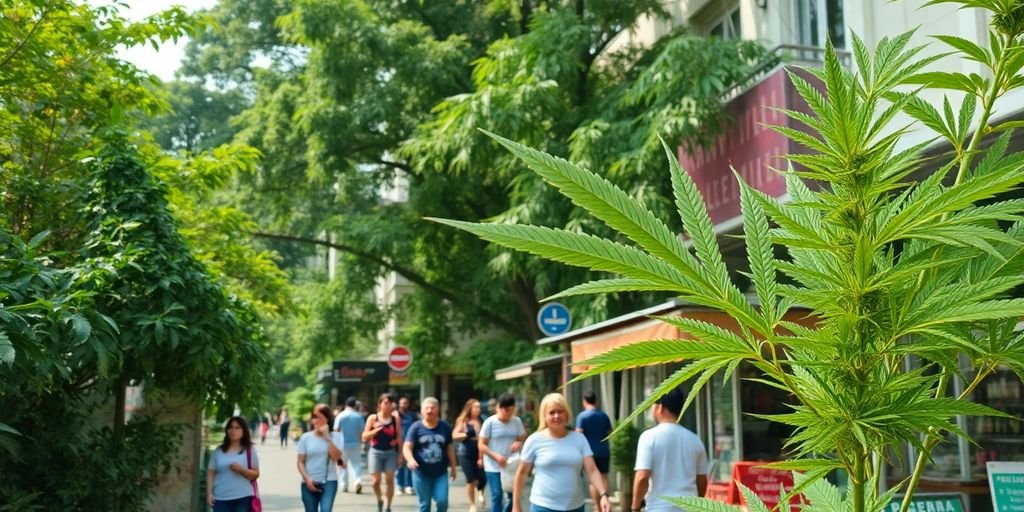 A lively street in Vũng Tàu with greenery and shops.