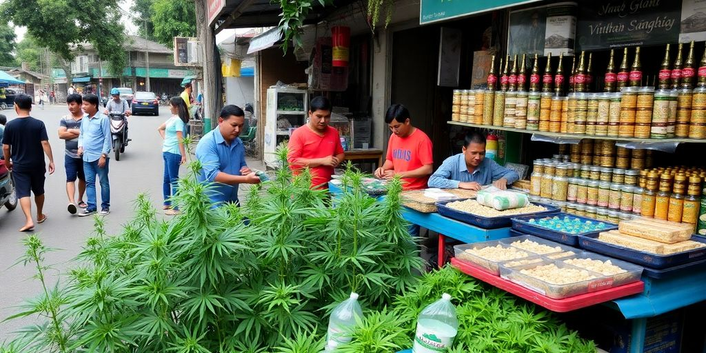 Local market in Vĩnh Long with cannabis plants and buyers.